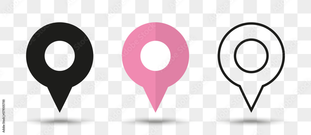 Poster Position pin map pointer icon in different style with shadow