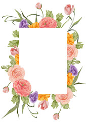 Watercolor spring floral frame with colorful blooming flowers and floral bulbs