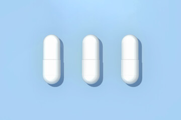 White capsule pills on blue closeup. Mock up ,realistic medicine pill. Flat lay, copy space . 3D Rendering