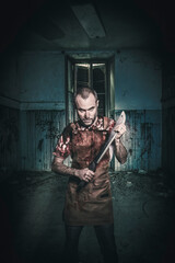 serial killer with machete and blood stained apron