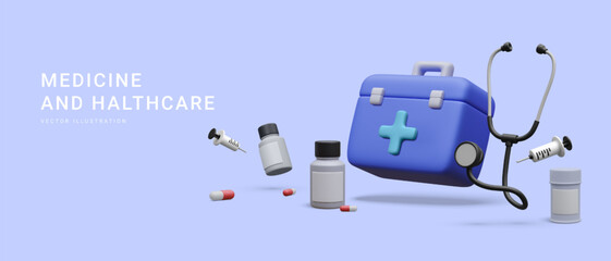 3d realistic first aid kit with stethoscope, pill boxes and syringe isolated on blue background. Vector illustration