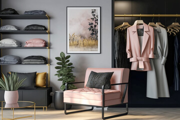 Modern interior design of female clothing store. Super photo realistic background. Generative ai illustration