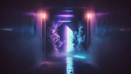 Naklejka premium Smoke Fog Futuristic Hall Corridor with Neon Laser Led Blue Purple Glowing Tunnel Metal Reflection. Generative ai