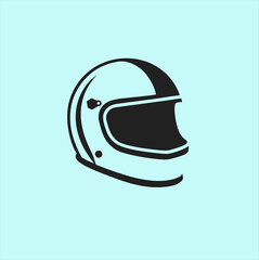Fototapeta premium Black and white motorcycle helmet stylized vector, graphic illustration in flat design, helmet logo light blue background