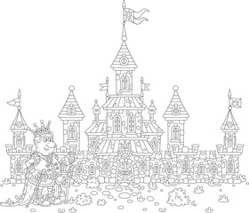 Angry king and his royal castle with high towers and waving royal flags, defensive stone walls and gates, black and white outline vector cartoon illustration for a coloring book