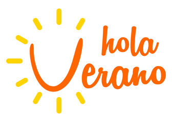 Logo aislado con letras del mensaje hola verano en texto manuscrito en español con sol líneal alrededor de letra v en color amarillo © teracreonte
