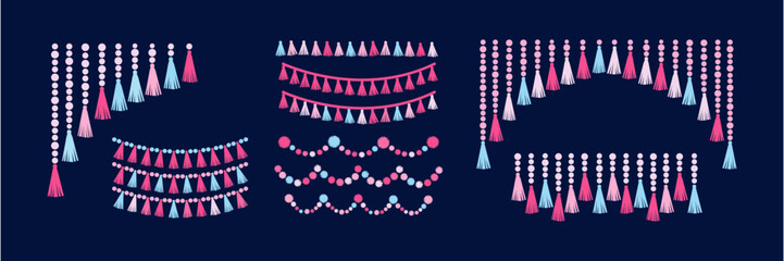 Party decoration set garlands and buntings made of tassels, stars, beads, pompoms. Party supplies. Flat vector illustration - obrazy, fototapety, plakaty