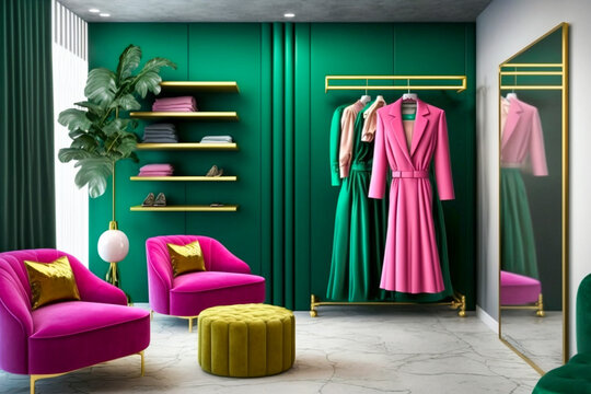 Modern interior design of female clothing store. Super photo realistic background. Generative ai illustration