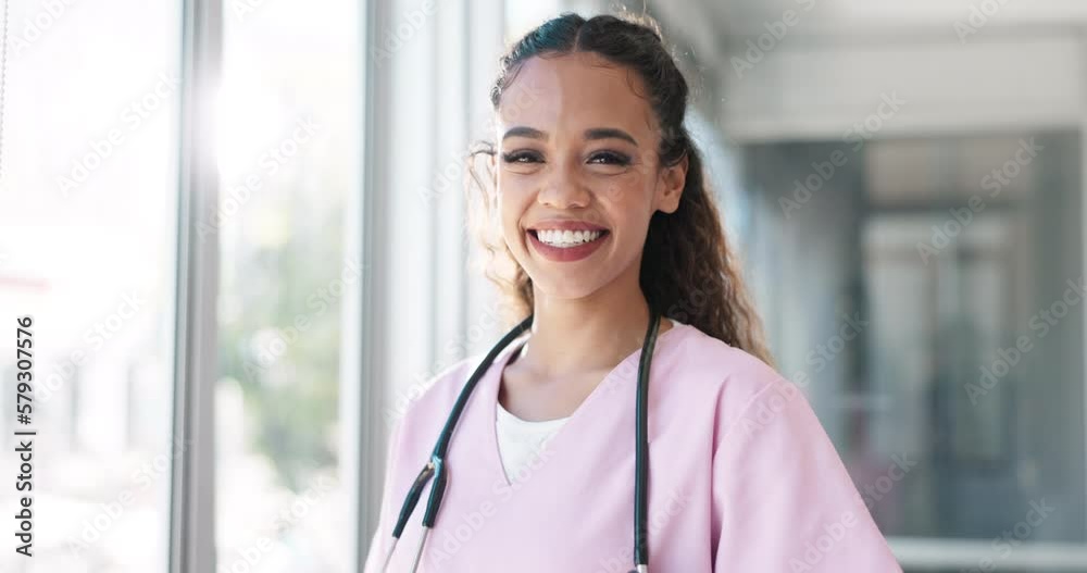 Poster Laughing woman, face and pediatrician nurse with hospital ideas, life insurance vision or trust help. Happy, smile or portrait of medical healthcare worker with childcare wellness goals or motivation