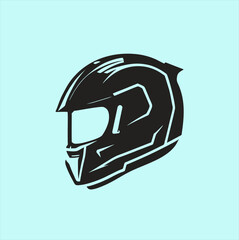 Black and white motorcycle helmet stylized vector, graphic illustration in flat design, helmet logo light blue background