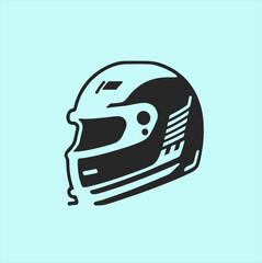 Black and white motorcycle helmet stylized vector, graphic illustration in flat design, helmet logo light blue background