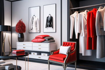 Modern interior of female boutigue, red and black colors, super photo realistic background. Generative ai