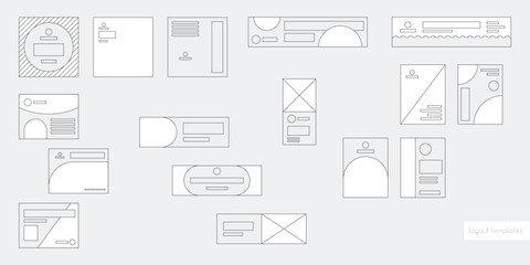 Grid layout templates for banner design, flyers, poster, label designs. Outline template of samples. Vector mockup compositions. Line frame examples for UX, UI. Graphic plan of marketing materials.  