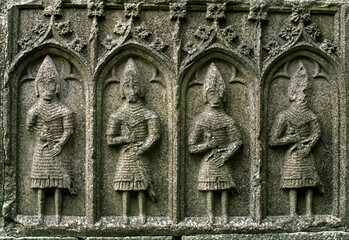 Roscommon Friary, County Roscommon, Ireland. Mail clad warriors on 15 C. tomb which now supports 13...