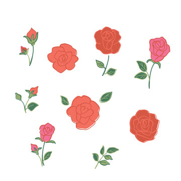 Rose flower icon set, Vector hand drawn doodle illustration. 