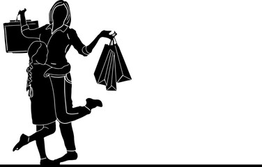 Family Time: Capturing the Silhouette of a Mother and Daughter Doing Happy Shopping in Vector Illustration, A Joyful Bond: Depicting a Silhouette of a Mother and Daughter Doing Happy Shopping