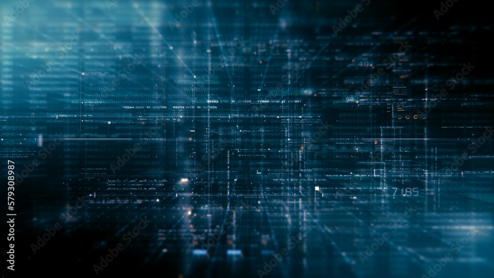 Fototapete Advanced motion abstract digital generated matrix cyber environment big data analytic artificial intelligent simulation, head up display background