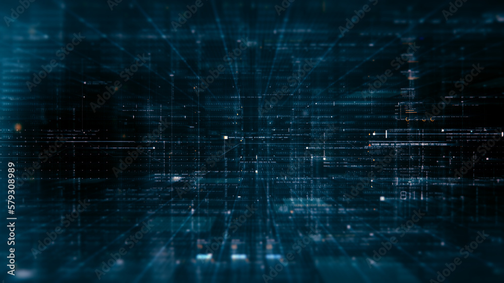 Aufkleber Advanced motion abstract digital generated matrix cyber environment big data analytic artificial intelligent simulation, head up display background