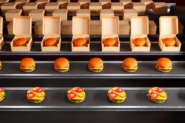 Hamburgers factory. Many sandwiches on a production line. Automated Fast food.