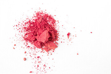 Crush pink red blush powder or eye shadow on white isolated background.