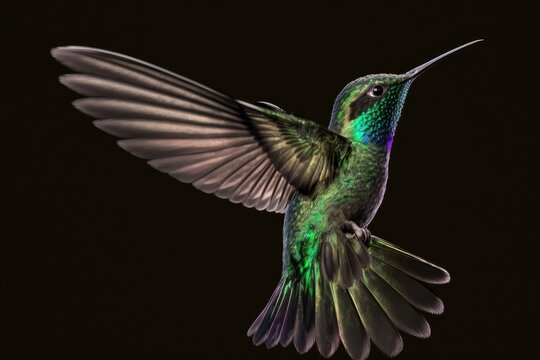 Flying Colibri coruscans hummingbirds, often known as flashing violetears. Inconspicuous depiction of a bird. An in flight bird. Low light conditions. Beautiful green bird in flight, black background