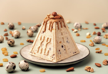 Traditional Easter cottage cheese dessert Paskha decorated with caramel, nuts, raisins and quail eggs on pastel background. Modern minimalistic Easter background with copy space for your design.