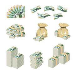 Jordanian Dinar Vector Illustration. Huge packs of Jordan, West Bank money set bundle banknotes. Bundle with cash bills. Deposit, wealth, accumulation and inheritance. Falling money 1 JOD