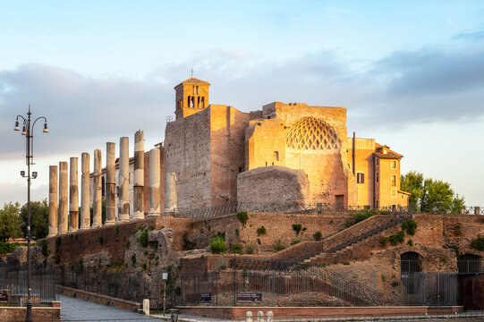A view of the Domus Aurea, lit by the first rays of the sun, built by Emperor Nero in Rome, in the Roman Forum.