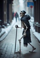 Skeleton walks around the city. AI Generated
