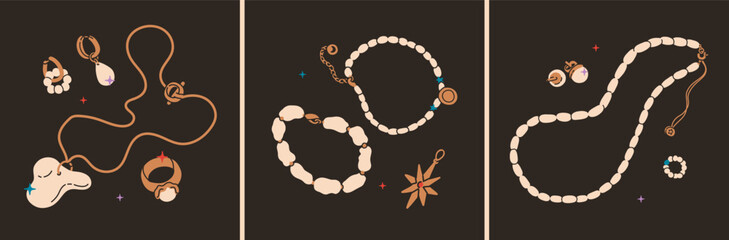 Golden vintage jewelry with pearls. Ring, necklace, bracelet, earrings, pendant, bangle with gems. Various accessories in retro style. Retro bijouterie illustration. All items are isolated.