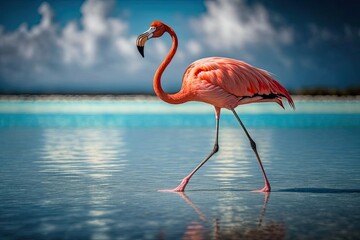 A flamingo strolling along the shore. Generative AI