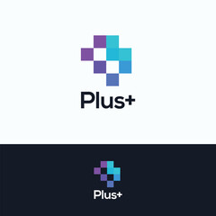 Plus. Pixel colorful plus logotype. Plus digital template
