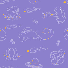 Seamless pattern with easter bunny, set of bunnies with easter eggs, rabbit in space