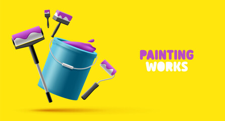 3D banner of painting services. Rollers, brushes and a bucket with purple paint on a yellow background. Dynamic composition of elements for wall painting concepts.