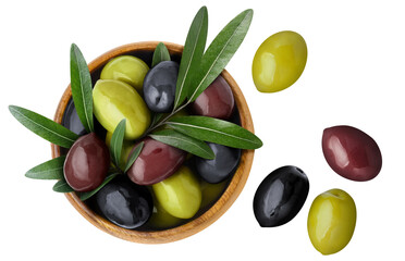 Delicious olives with leaves in a wooden bowl, cut out