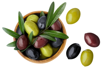Delicious olives with leaves in a wooden bowl, cut out