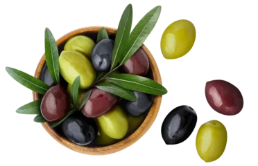 Zelfklevend Fotobehang Delicious olives with leaves in a wooden bowl, cut out © Yeti Studio