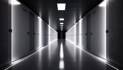 Data center with rows of servers. Big data storage room with many blinking lights. Generative AI