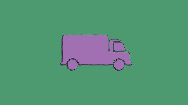 Dynamic cartoon animation of truck on a green background. The picture appears and disappears. Turbulent displace and distortion style 4k video.