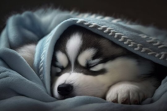 Raise the head of your little husky puppy as he sleeps under the covers at home. Generative AI