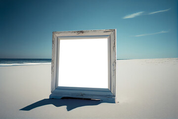 Empty frame mockup standing on the sand against the sea. AI Generated. Template for design or advertising.