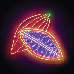 Glow cut and whole cocoa fruit. Exotic fruit. Neon Light Poster, Flyer, Banner, Signboard. Glossy Background. Vector 3d Illustration