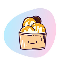 Frozen yogurt balls with topping and cookies in a paper cup with a smiley face. Vector illustration in doodle style