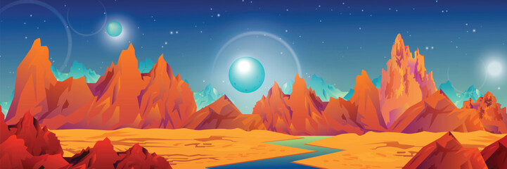 alien planet landscape. Space game background with orange ground, mountains, stars, Saturn and Earth in sky. Space background with landscape of alien planet with craters and lighted crac © татьяна лунина
