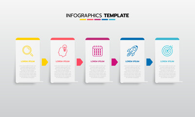 Business infographic template process with simple geometry square, rectangle, circle, triangle, curves in flat design template with thin line icons and 5 options or steps. Vector illustration.