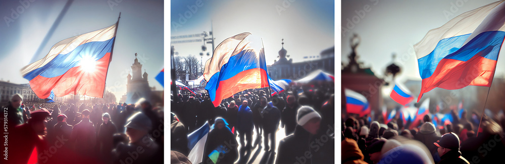 Wall mural Crowd with Russian flags during the campaign meeting. AI generative.