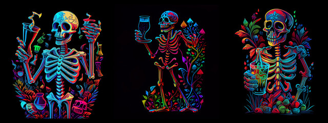 Multicolored skeleton drinking cocktail. AI generative.