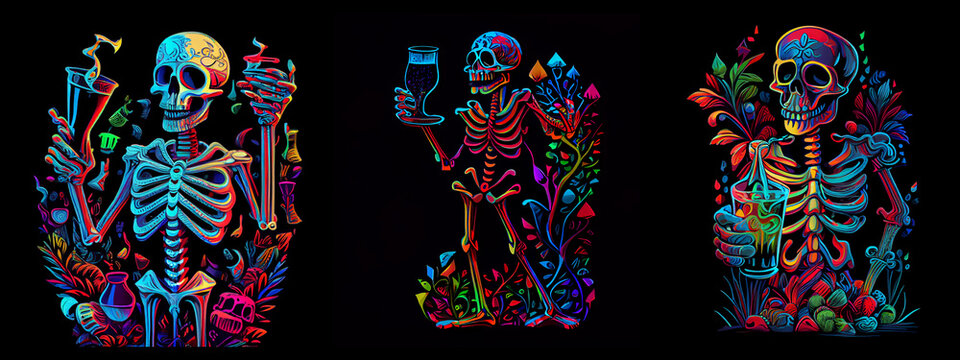 Multicolored skeleton drinking cocktail. AI generative.