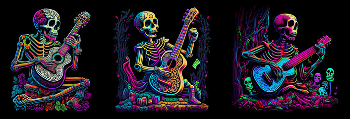 Multicolored skeleton playing an acoustic guitar. AI generative.