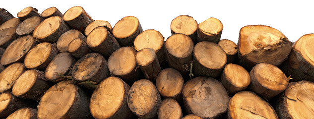 Close-up of a stack of pine tree trunks isolated on white or transparent background, photography, png.